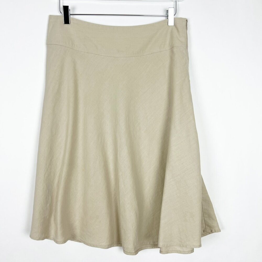 Merona Midi Skirt Women's Size 8 Khaki 100% Linen Flared A-Line Classic Neutral